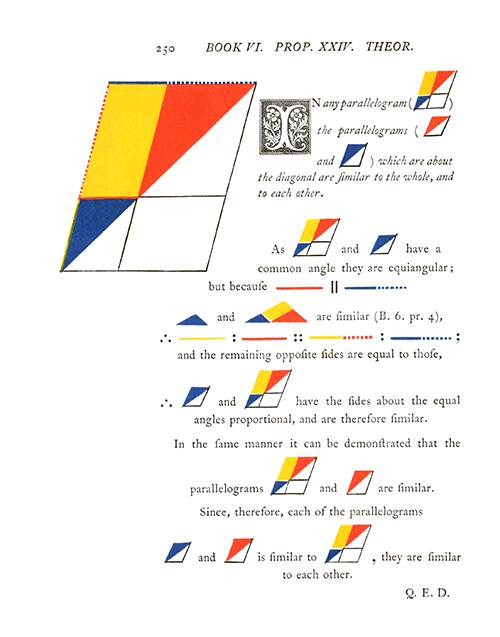 Page of a geometry textbook on Euclid’s Elements showing parallelograms in various colors