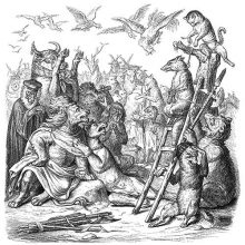 Reynard is on a ladder about to be hanged as the King and the Queen look particularly moved