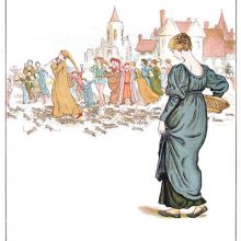 A woman with a basket watches as a piper leads a swarm of rats away from a medieval city