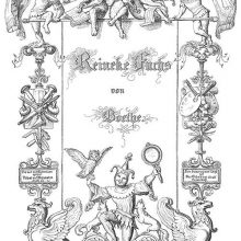 Illustrated title page of Reineke Fuchs showing monkeys playing music and a jester with an owl