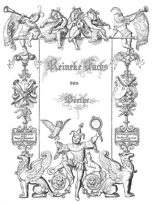 Illustrated title page of Reineke Fuchs showing monkeys playing music and a jester with an owl