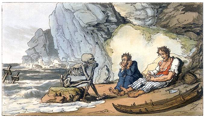 Two castaways mope on a shore as Death represented as a skeleton sits on a rock opposite them