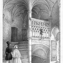 View of a spiral staircase topped by palm vaulting in the Logis Barrault, Angers