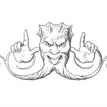 A fantasy figure with a beard which ends in decorative volutes cocks a snook at the viewer