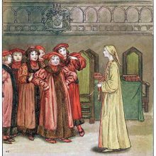 A man in a robe and a soft pointy hat faces a group of condescending city dignitaries