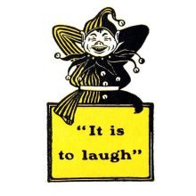 A laughing jester has his hands crossed behind his head and his lower body hidden by a sign