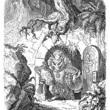 A fox comes out of an arched door opening beneath a tree carrying vases filled jewels