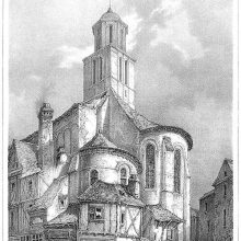 Trinity church in Angers, France, with the shops backed onto the church walls
