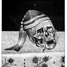 A skull with missing front teeth wears a hat and smokes a cigarette