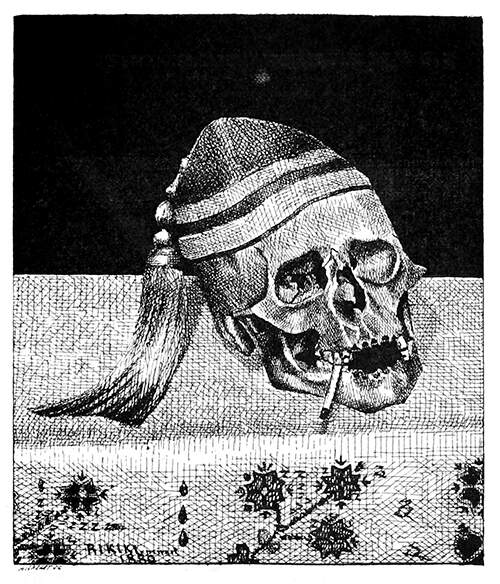 A skull with missing front teeth wears a hat and smokes a cigarette