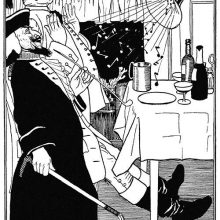 In front of a table, two men listen to music coming from a horn hung up on the ceiling