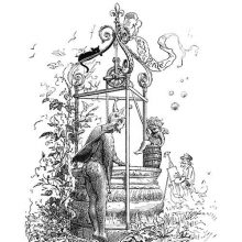 A putto climbs into the bucket standing on the edge of a well, watched by a jester