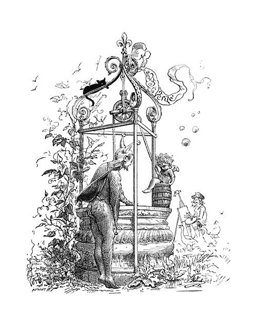 A putto climbs into the bucket standing on the edge of a well, watched by a jester