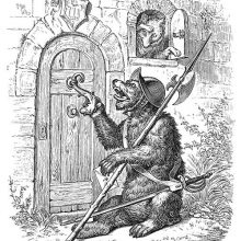 A bear with a morion and halberd knocks on Reynard's door, who peeks out the window