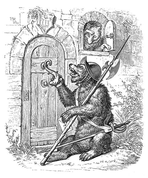 A bear with a morion and halberd knocks on Reynard's door, who peeks out the window