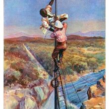 Two men are the top of a telegraph pole overlooking a waterfall, securing it with wiring