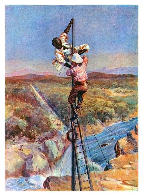 Two men are the top of a telegraph pole overlooking a waterfall, securing it with wiring