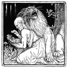 In a forest, a man wearing a toga kneels down to take a thorn out of a lion's paw