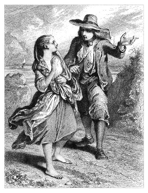 A young man in a hat points forward while speaking to a young woman going barefoot