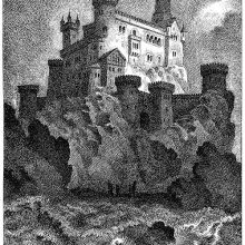 View of a castle overlooking a stormy lake, with its highest tower soaring into the sky