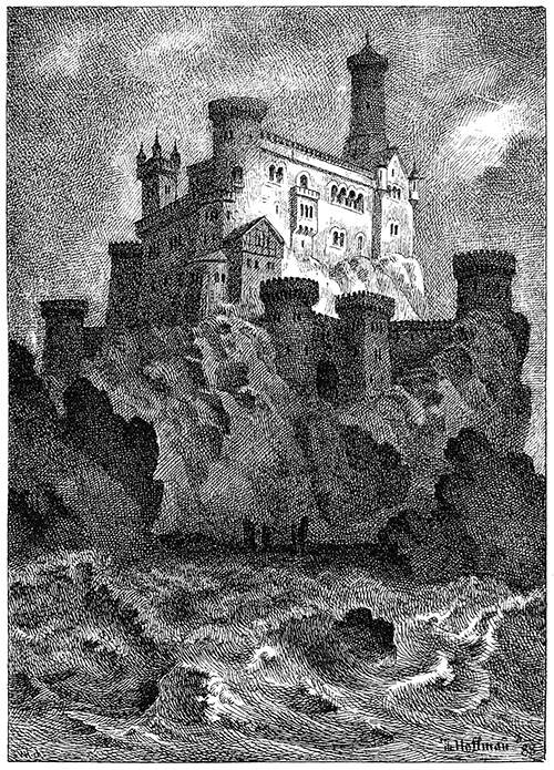 View of a castle overlooking a stormy lake, with its highest tower soaring into the sky