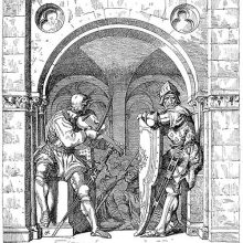 Two soldiers are at an arched entrance, one leaning on a shield, the other playing the violin