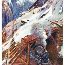 A steam locomotive comes out of a wooden snow shed built along a railway