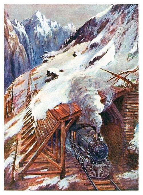 A steam locomotive comes out of a wooden snow shed built along a railway