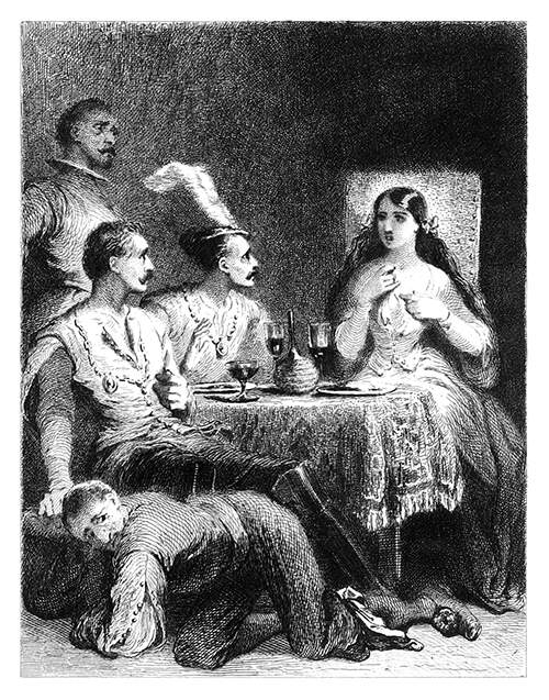 Three men and a woman are sitting at the dinner table as the woman points to herself
