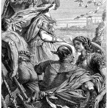 A king throws a piece of garment from a boat followed by that of a couple in armor