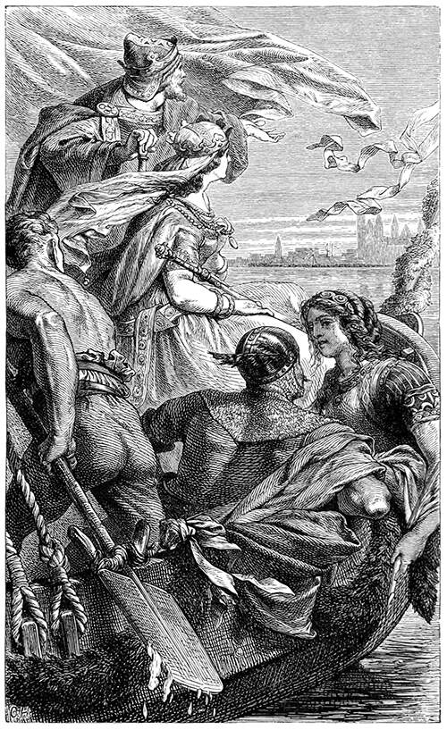 A king throws a piece of garment from a boat followed by that of a couple in armor