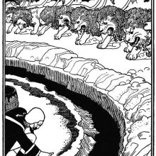 A man scatters powder on the edge of a circular ditch as a group of lions moves toward him