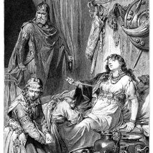 A woman is about to plunge a dagger into her heart as two other women grieve at her side
