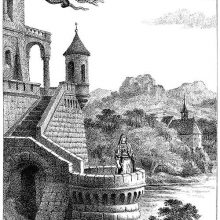 A dragon comes flying over a castle overlooking a lake as a woman stands on a turret