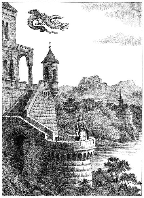 A dragon comes flying over a castle overlooking a lake as a woman stands on a turret