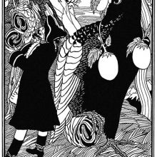 A man cuts a fruit hanging from a tree with his knife as a large birdstands at his side