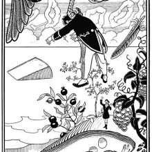 A man is snatched up by a bird and taken away from a fantasy land toward the sea