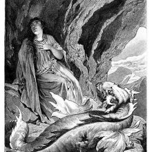 A woman sits in a cave high in the mountains with a dragon at her feet