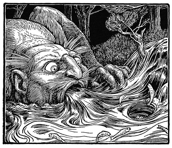 A monstrous male figure crouches by a stream, his mouth open wide to swallow the water