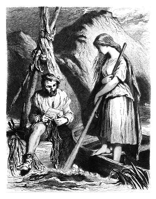A man holding a casket is sitting on a shore as beside him a young woman stands in a boat