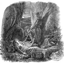A woman lies fast asleep in a recess among the rocks as a knight stands on guard at the entrance