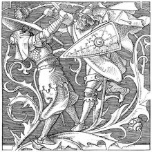 Two warriors in medieval attire fight each other among the flowers and leaves of a large thistle