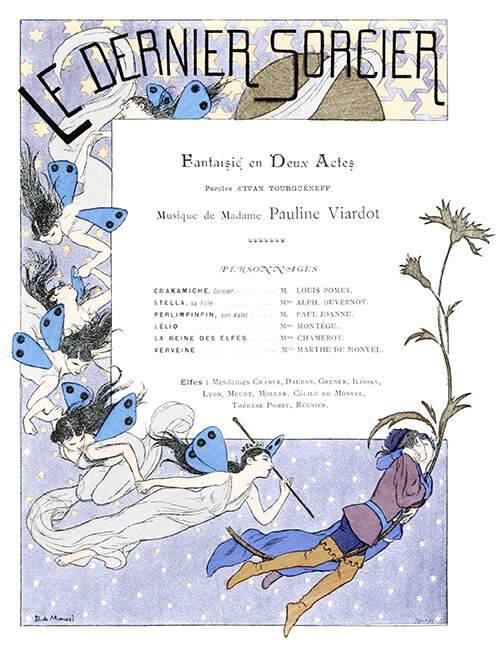 Flying fairies hold hands in the starry sky and follow a couple carrying a large cornflower