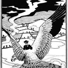 A man is seen from behind riding the back of a large eagle over a countryside landscape
