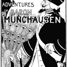 Baron Munchausen is seen standing in profile as a peacock spreads its tail in front of him