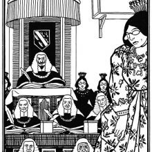 A woman stands in court with the justices sitting in the background, the president at the top