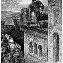 A knight on horseback has stopped to talk to a woman standing on a terrace above him