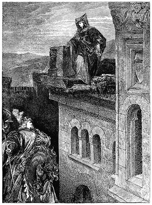 A knight on horseback has stopped to talk to a woman standing on a terrace above him