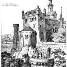View of an imaginary medieval castle with battlements, turrets and bartizans