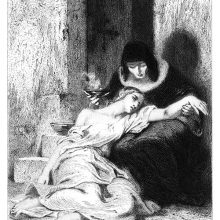 A semi-unconscious young woman is reclining on the lap of a nun sitting on a doorstep